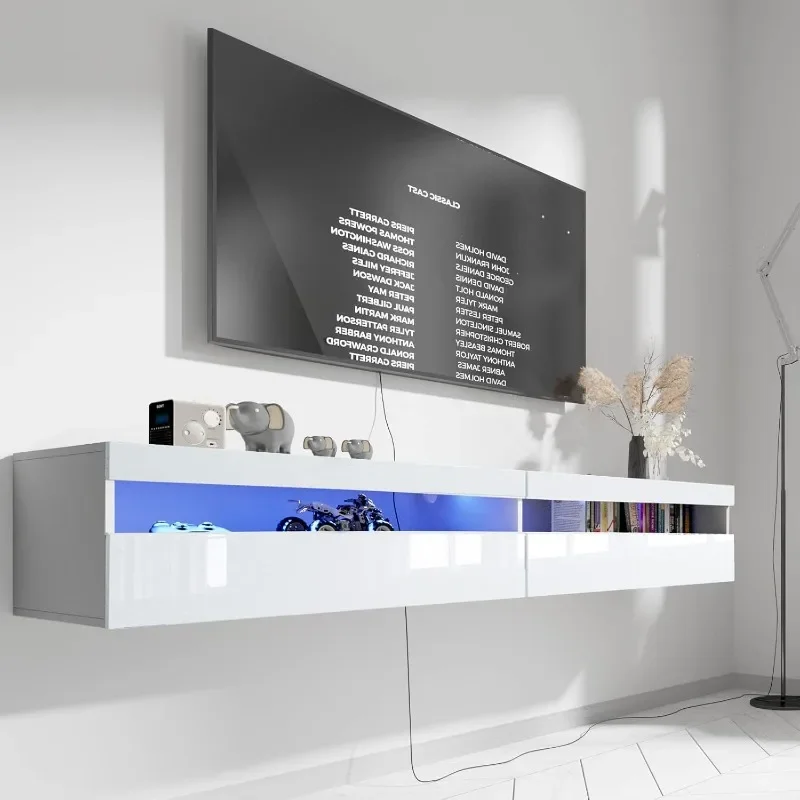 TV stojan, nástenná televízna polica s LED svetlami a zásuvkou energie, mediálna konzola Modernment Center s úložiskom,