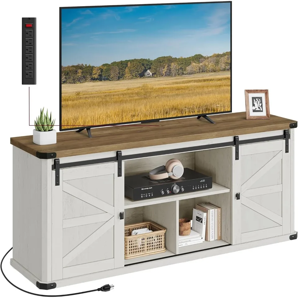 TV stojan pre televízory až do 65 palcov, Centrum Entertainment Farmhouse s posuvnými dverami stodoly, televíznou konzolou pre obývaciu izbu
