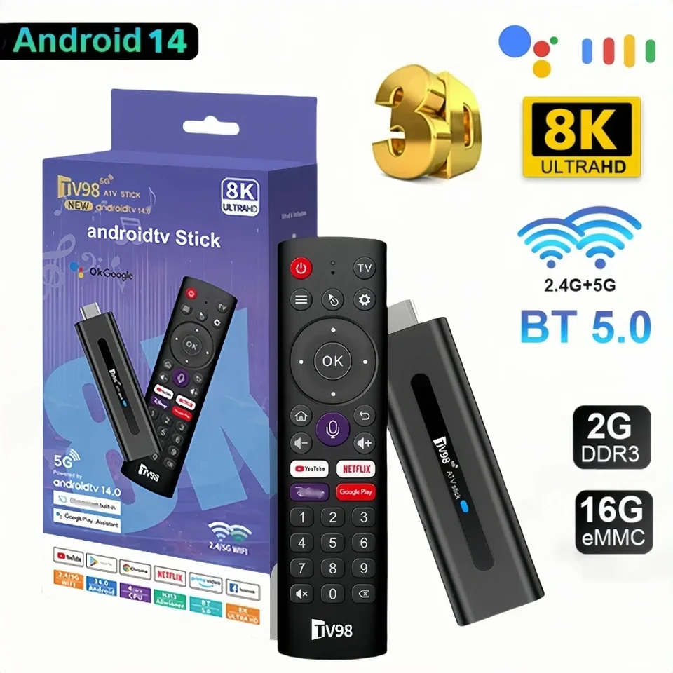 TV98 Mini TV Stick Android 14 TV Stick HDR Set Top Box 8K Video WiFi 2.4/5G Streamovanie Smart TV Box pre prehrávač sieťových médií