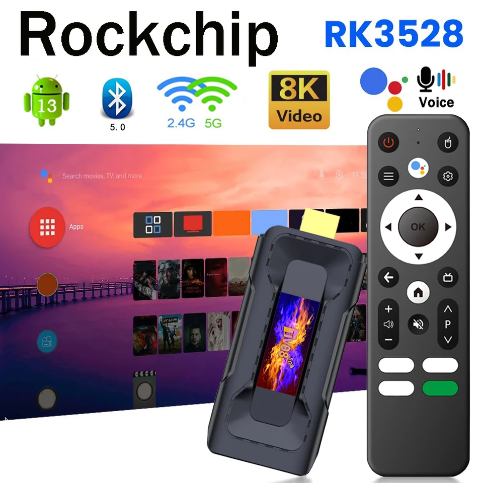 TV98 RK3528 Stick 4GB 32GB TV Stick Android 13 RockCip RK3528 Quad Core Support 8K Video 4K WiFi6 BT5 Voice Remote Set Top Box