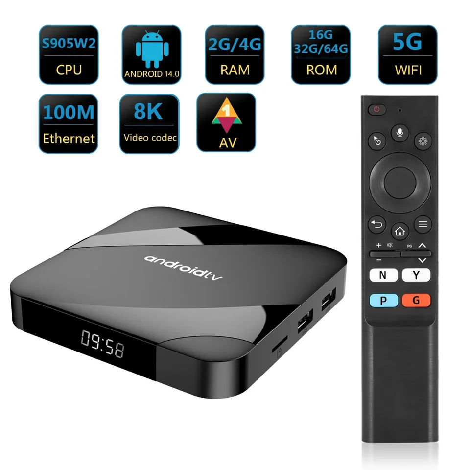TV98 S905W2 Android TV Box 8K Android 14 Dual Band Set Top Box 2.4/5G 4+64G Wi -Fi médiá Player Voice Remote Smart TV Box