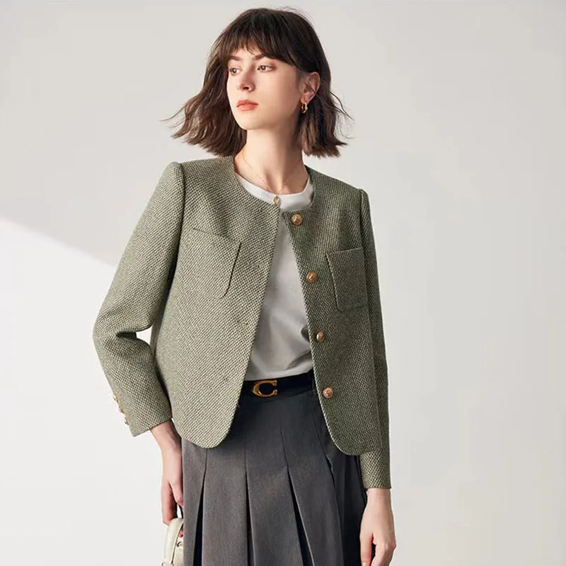 Tweed Crop Bundy pre ženy Jeseň Kórejská elegantná jednorazová neformálna kabáty Žena Y2K Žena elegantná o krk krátka bunda