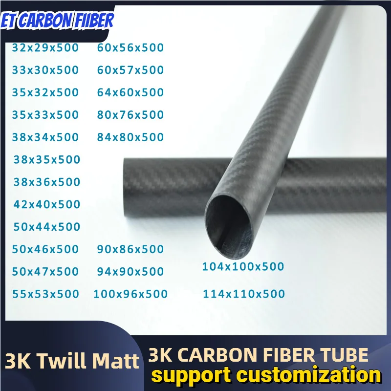 Twill Matt 3k rúrka z uhlíkových vlákien OD 32 33 35 38 42 50 55 60 64 80 84 90 94 100 104 114 mm lengh 500 mm rúrka zabalená rúrka