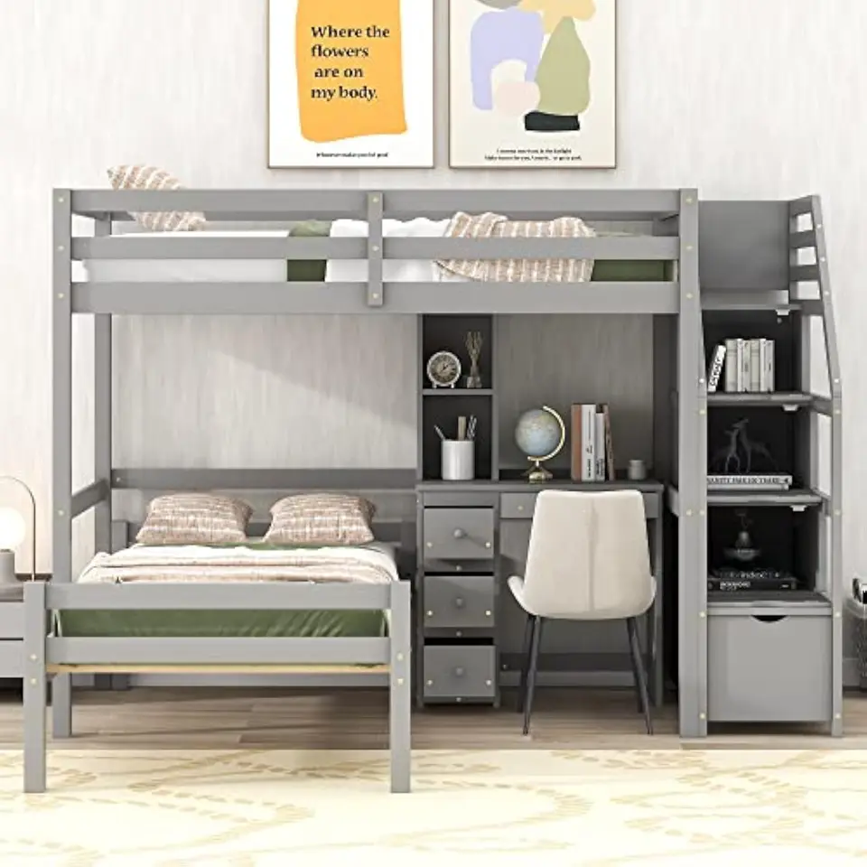 Twin Over Twin Bunk Bed so schodmi a stolom masívne drevo podkrovie s úložnými policami a zásuvkami dvojča cez dvojité schodisko Bunk