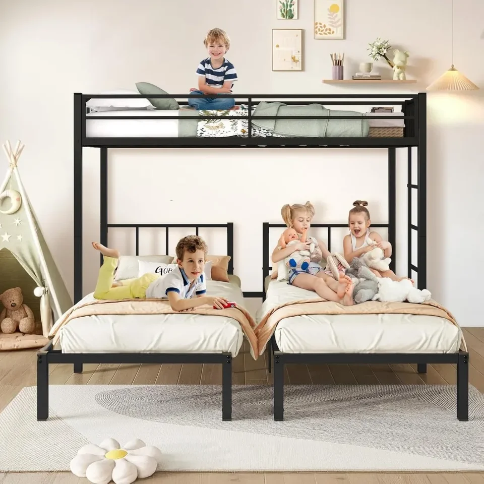 Twin Over Twin Bunk Beds pre 3, trojitá poschodová posteľ pre 3 s zábradlí