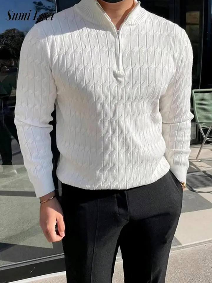 Twist Jacquard pletené pólové košele pánske pádu s dlhým rukávom klop zips tenké svetre muži neformálne masívne farebné textúrované sveter topánky