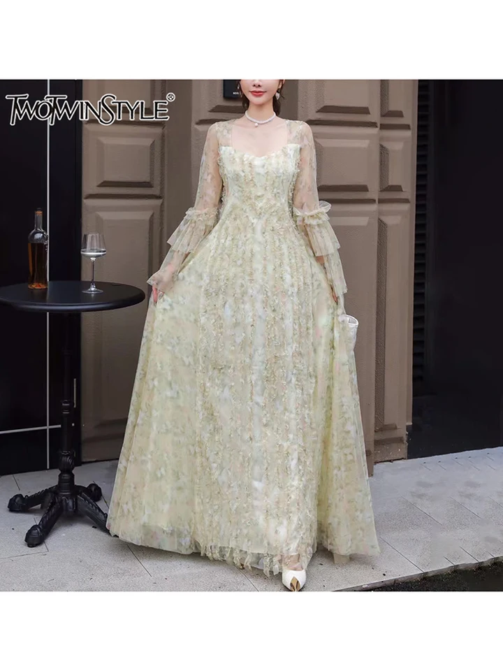 Twotwinstyle ColorBlock kvetinové výtlačky midi šaty pre ženy štvorcový krk dlhý rukáv s vysokým pásom Elegantné šaty femlae móda