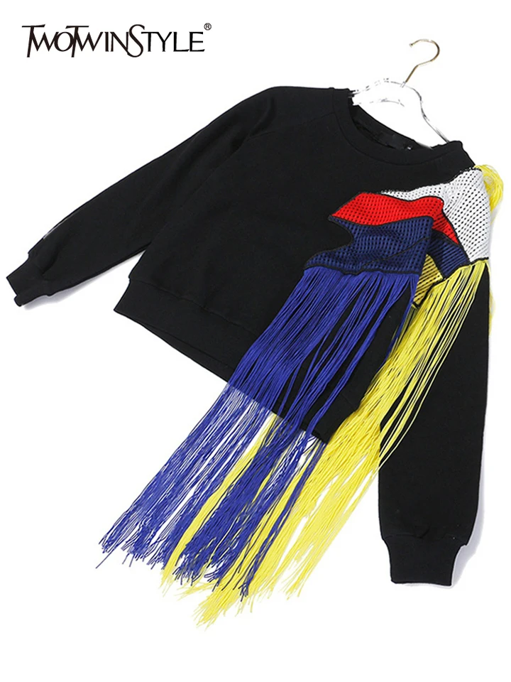 Twotwinstyle Hit farebná mikina Streetwear pre ženy o krk s dlhým rukávom Patchwork Stročné makiny ženská móda Nová jar