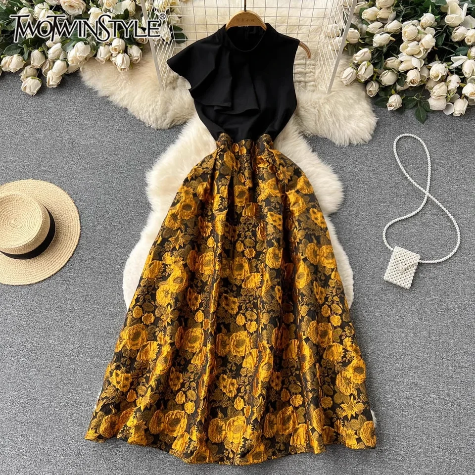 Twotwinstyle kvetinové výtlačné elegantné šaty pre ženy o krk bez rukávov s vysokým pásom midi šaty ženské módy KDR524907