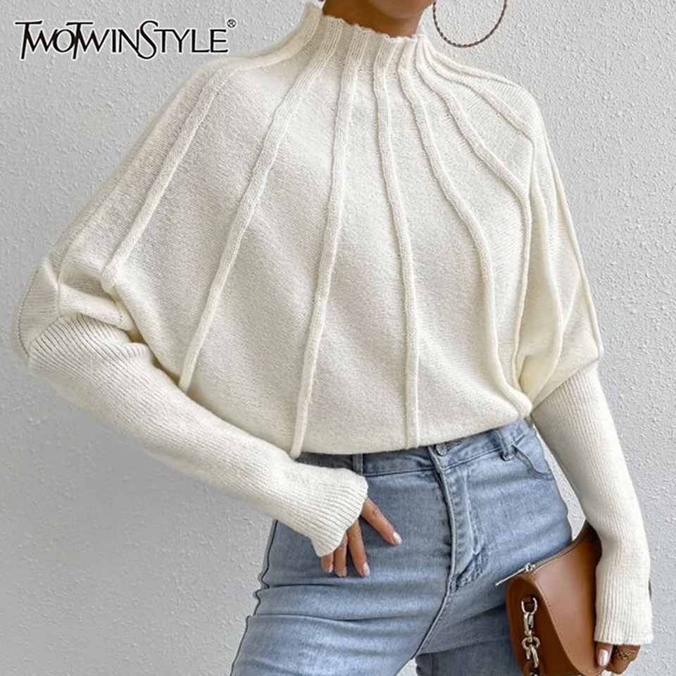 Twotwinstyle pletenie zostrihový svetový sveter pre ženy