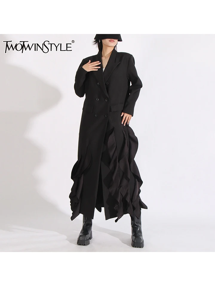 Twotwinstyle Solid Casy Patchwork Ruffles Casy Blazer Stroped s dlhým rukávom zostrihané gombíky dlhý voľný kabát ženská móda nové