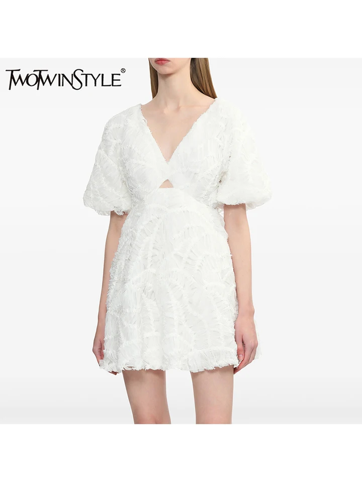 Twotwinstyle Solid Slimming Dutlow Out Mini Šaty pre ženy v krk s krátkym rukávom Vysoký pás šaty ženské módne oblečenie