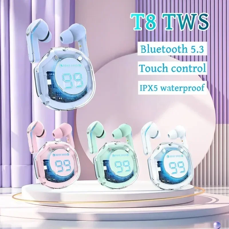 TWS T8 Wireless Bluetooth Headset Transparentné slúchadlá ENC LED Digitálne zobrazenie stereofónne zvukové slúchadlá pre športové práce