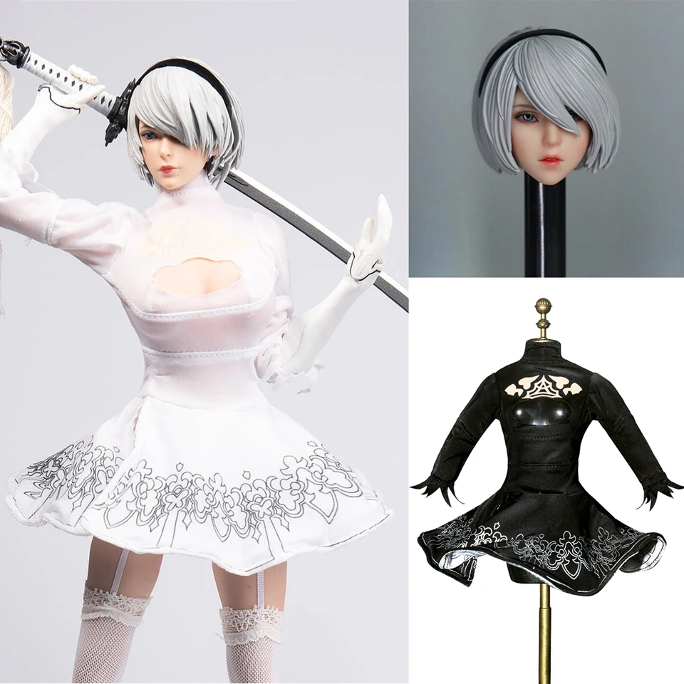Tym073 1/6 nier 2b ženský biely bojový kostým sukňa oblečenie Sliver Hair Head Scull Castry pre 12 
