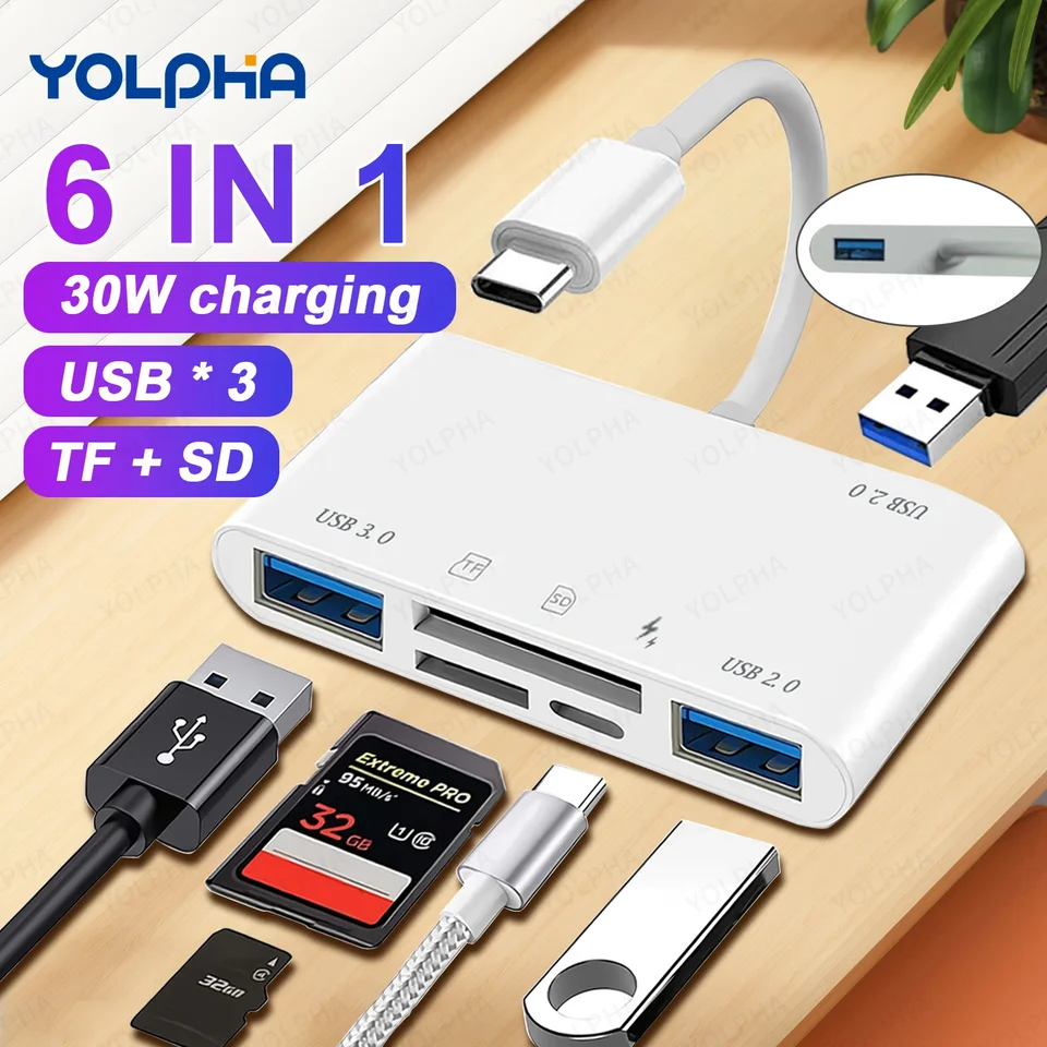 Typ C Adaptér TF SD Pamäťová čítačka 6 v 1 USB C Adaptér karty pre MacBook Huawei Samsung Xiaomi OTG Writer Compact Flash Flash