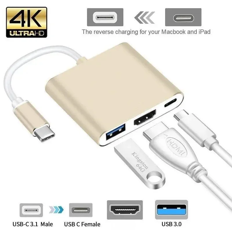 Typ C Hub USB C až HDMI kompatibilný Splitter USB-C 3 v 1 4K HDMI kompatibilných USB 3.0 PD Rýchle nabíjanie inteligentného adaptéra pre MacBook