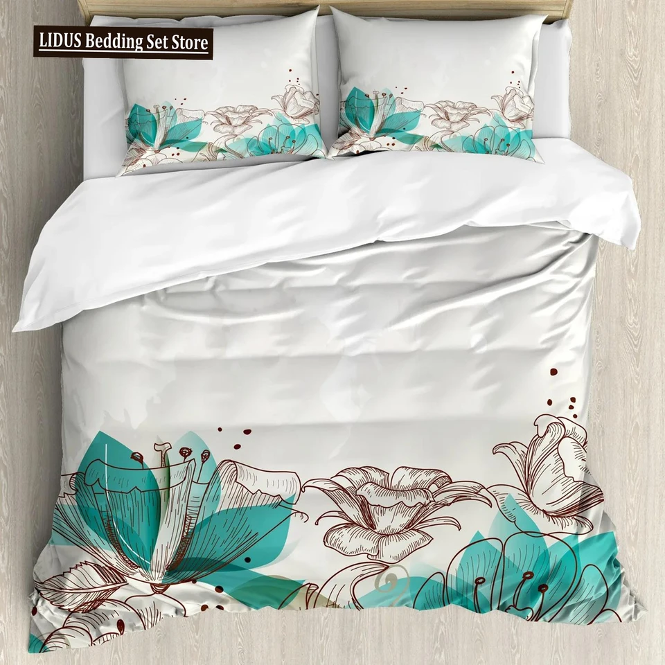 Tyrkysová obliečka na obliečka retro kvetinové pozadie s hibiscus siluety dramatické romantické prírodné umenie Polyester Duvet Cover