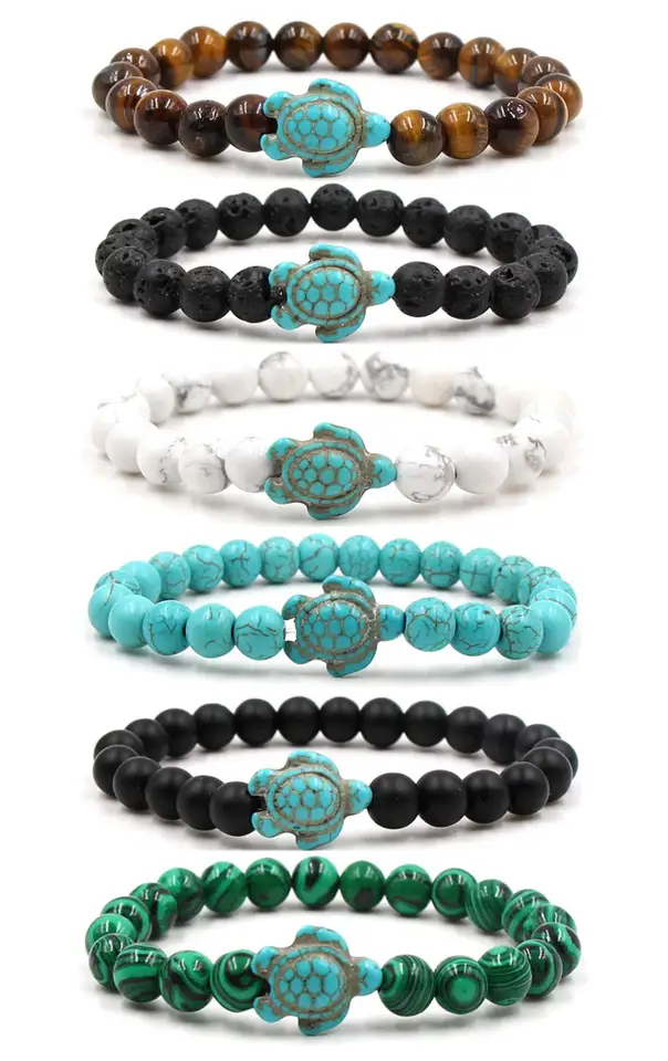 Tyrkysové korytnačky korálky pre ženy pre ženy muži muži Tiger Eye Lava Rock Prírodný kameň Elastický úsek náramok