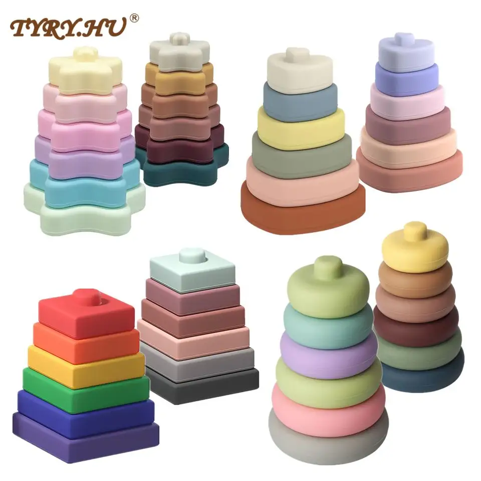 Tyry.Hu 1set Baby Teether stavebné bloky silikónových stohovacích blokov hračky okrúhly tvar Silikónové konštrukčné zuby Montessori Toy