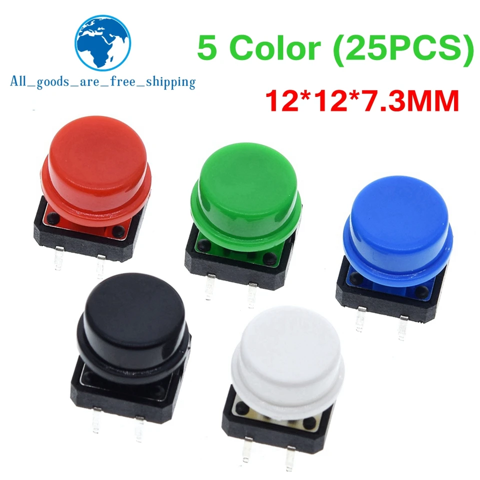TZT 25ks hmatový spínač tlačidla Push Momentary 12*12*7,3 mm Mikro prepínací tlačidlo + 25ks TACT CAP (5 farieb) pre prepínač Arduino