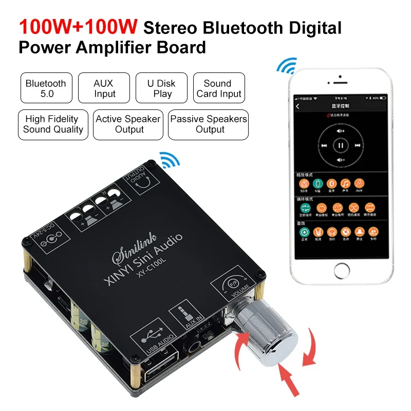 TZT Bluetooth 5.0 2*100W AUX Digital Power Amplifier Board 2.0 CH Stereo Home Music Wireless Modul Audio zosilňovač