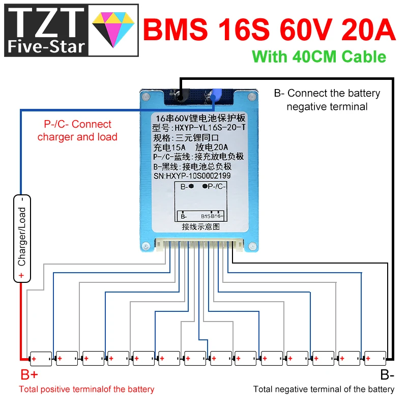 TZT BMS 16S 60V 20A LMO ternárna li-iónová lítia 18650