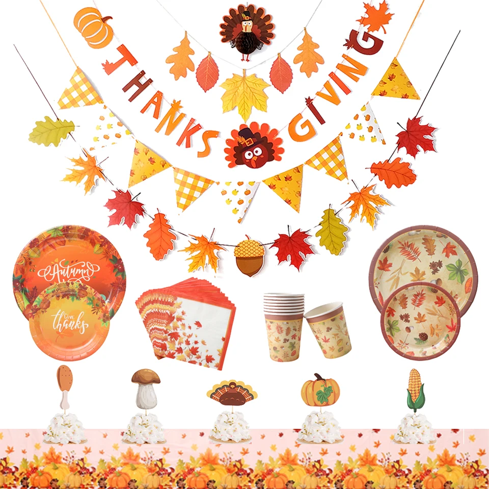 Téma jesenného vďakyvzdania jednorazový riadový leaf list pumpkin morčacie papierové tanier bonertablecloth narodeninová oslava deco