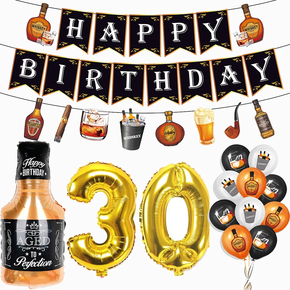 Téma whisky 30. narodeninové oslavy dekorácie narodeniny banner whisky fľaša Balón latex Balón pre dospelých dospelých oslavy narodenín