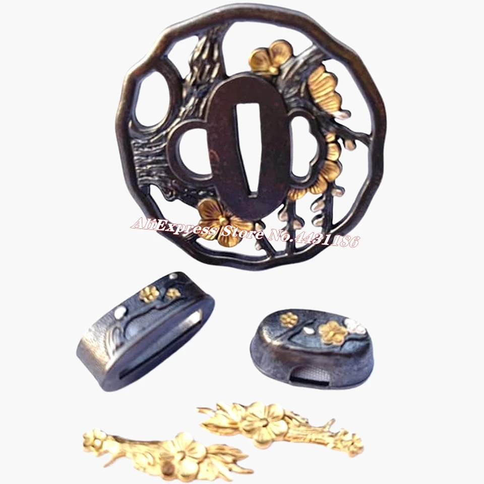 Téma čerešňového kvetu Tsuba+menu+fuchi+Kashira japonský meč strážca pre katany/wakizashi/tanto mosadz