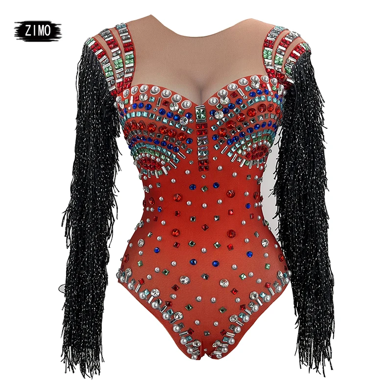 Tím Tassel s dlhým rukávom Dance AB Rodinestone Fringe Bodysuit Women Party Birthday Club Bar DS Pole Dance Singer Drag Queen Outfit