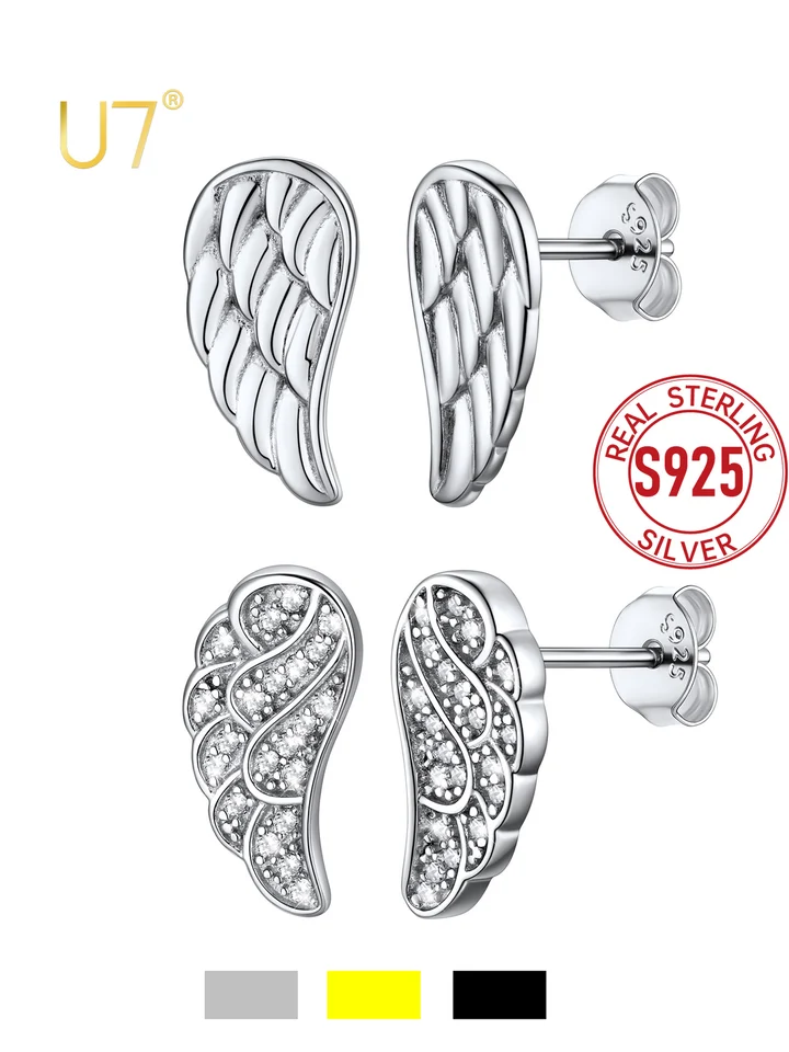 U7 925 Sterling Silver Angel Wings Stud náušnice biele čierne CZ pripravené nastavenie roztomilé brincosové ženy elegantné denné šperky