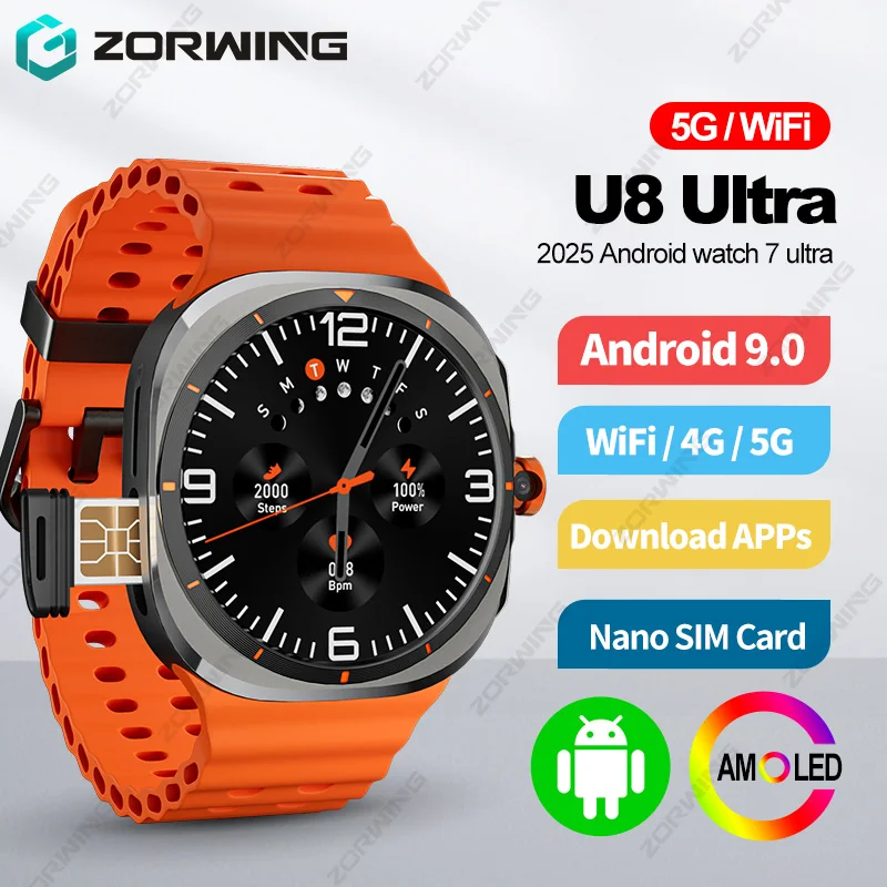 U8 Ultra AMOLED Android 9.0 Smart Watch Men 4G 5G SIM karta WiFi GPS Compass 32 GB Smartwatch Rotating Camera Sport Watch 7 Ultra