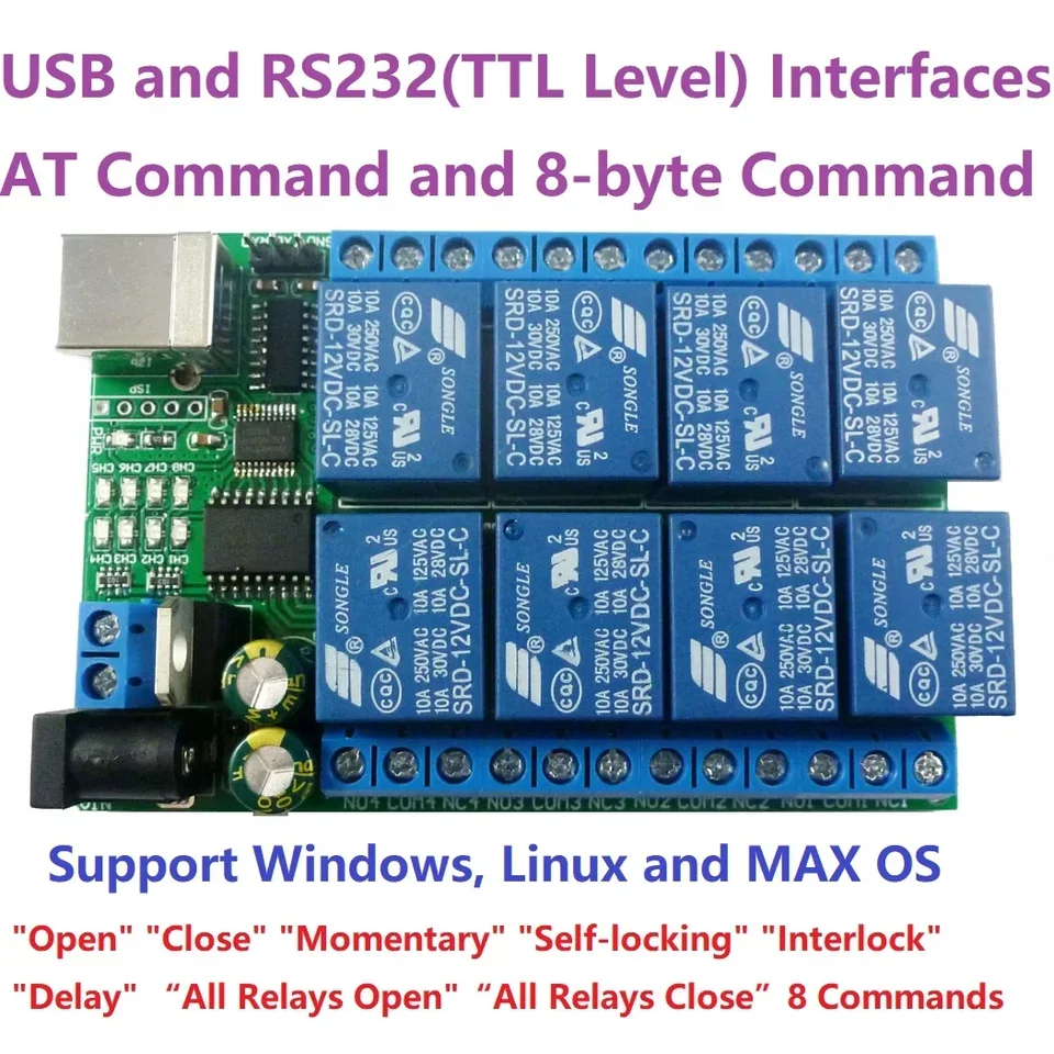 UD23A08 USB RS232 TTL UART RELE MODULE 8CH DC 5V 12V 24V PC MCU riadiaci spínač MOTRO LED PTZ PLC IPC
