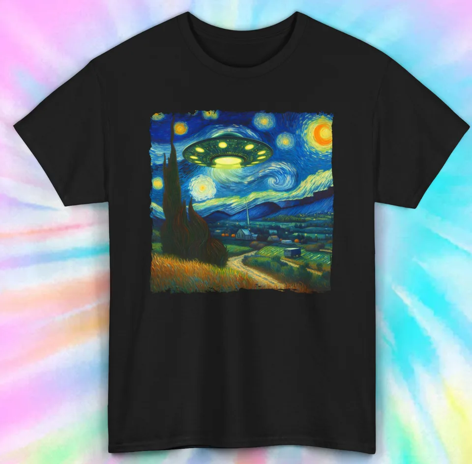 UFO Starry Nočné tričko Van Gogh Alien Abduktion Art Parody Tee S5XL