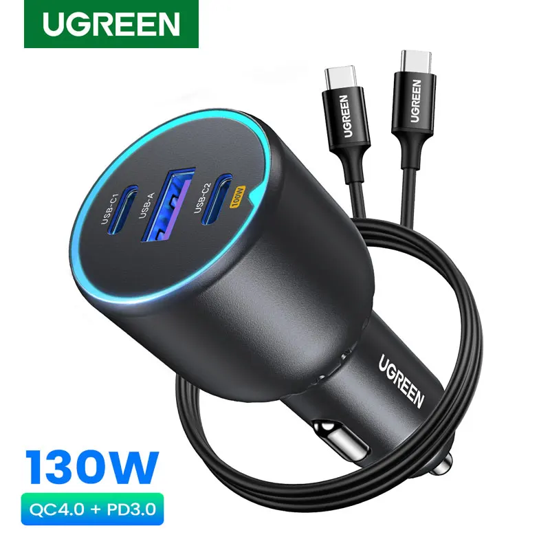 Ugreen 130W USB C Rýchle nabíjačka automobilu s PD káblom pre Xiaomi iPhone 15 Samsung Galaxy S24 LAPTOPS Fast USB C nabíjačku auta QC4