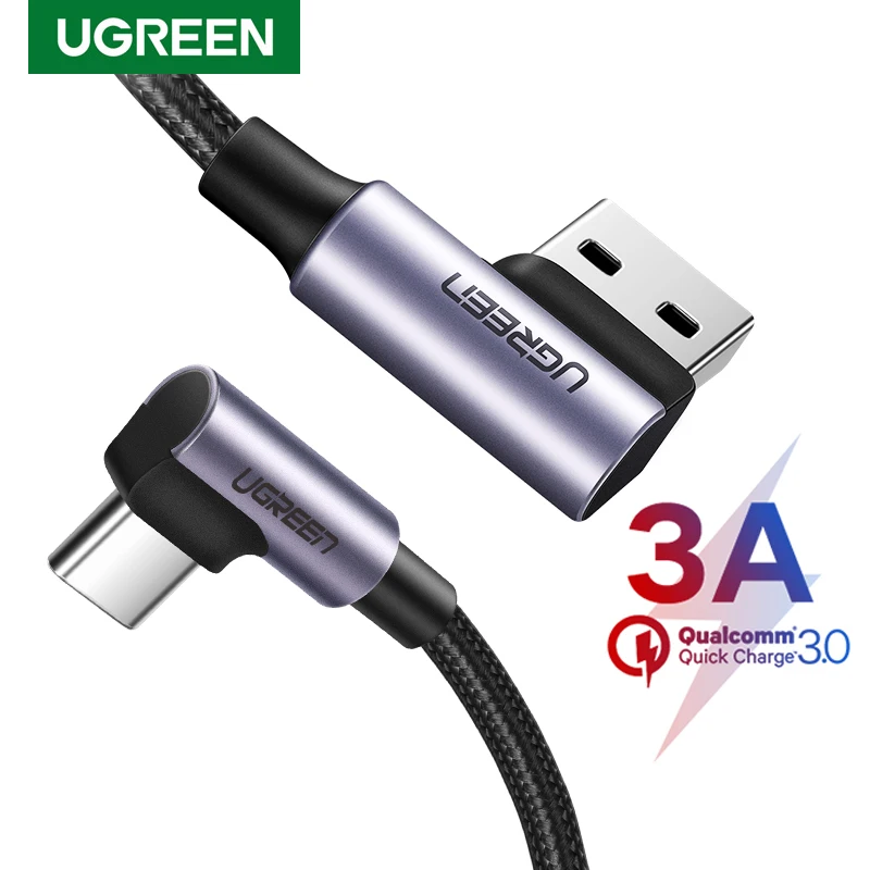 Ugreen 3a USB Typ C Kábel rýchly nabíjanie 3,0 90 stupňa USB C Kábel pre Samsung S20 Xiaomi Poco X3 Pro Mobilný telefón rýchly nabíjačku