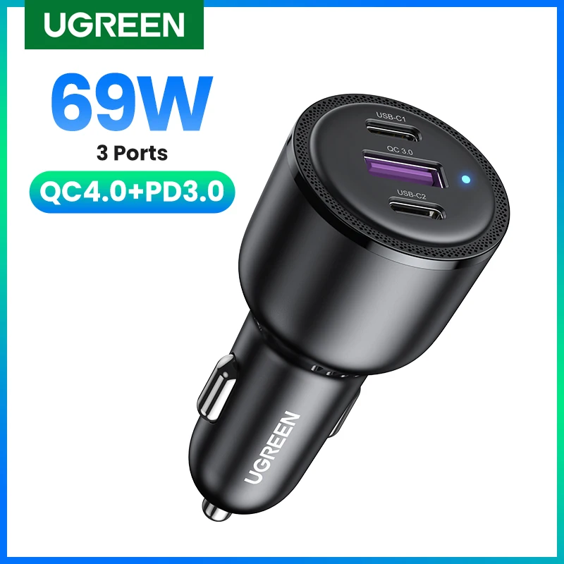 Ugreen 69W nabíjačka automobilu USB Typ C PD QC 4.0 3.0 Rýchle nabíjanie pre iPhone 13 12 Pro Samsung Mobile Phone Car nabíjačka