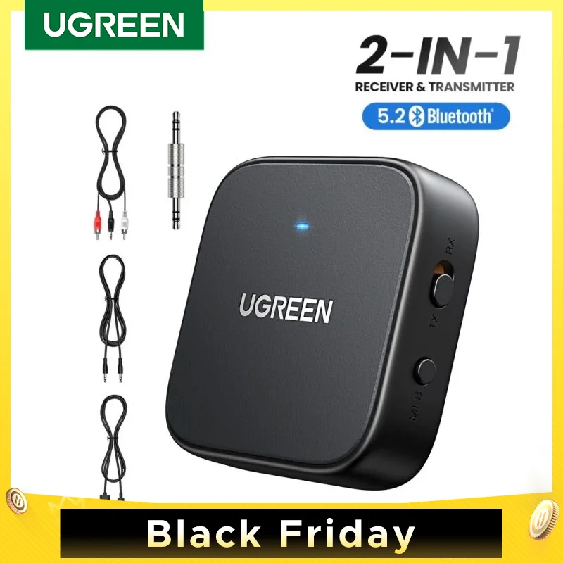 Ugreen Bluetooth prijímací vysielač adaptér 2-v-1 bezdrôtové Bluetooth 5.2 3,5 mm AUX Audio Adapter pre televízor, auto, bežecký pás