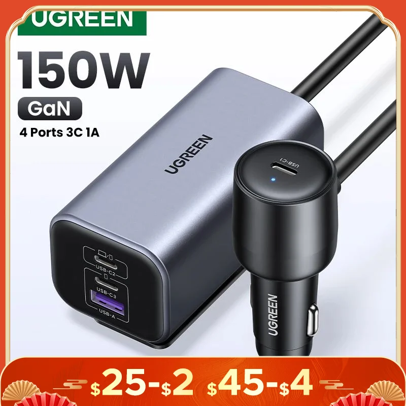 Ugreen Car Charger 150W Fast Charge Extender 4 USB zariadenia Gan Charger pre iPhone 16 15 USB C nabíjačka pre notebook iPad