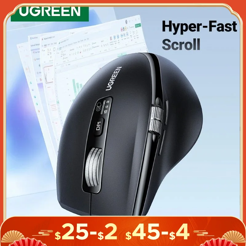 Ugreen Hyper-Fast Scoll Wireless Mouse Bluetooth 5.4 2,4G Ergonomic 5000DPI pre MacBook Tablet Laptops Computer PC Myši