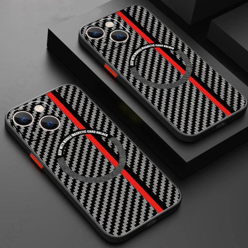 Uhlíkové vlákno pre prípad bezdrôtového nabíjania Magsafe pre iPhone 16 15 14 Pro 12 13 14 Promax 11 Shockproof Luxury Acryl Phone Cover