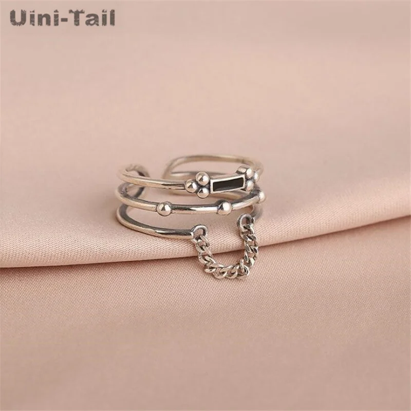 Uini-Tail Hot Predaj nových 925 Tibetánsky strieborný viacvrstvový retro retro čierny obdĺžnikový reťazec Otvorený kruh módny módny trendy trendy zmysel