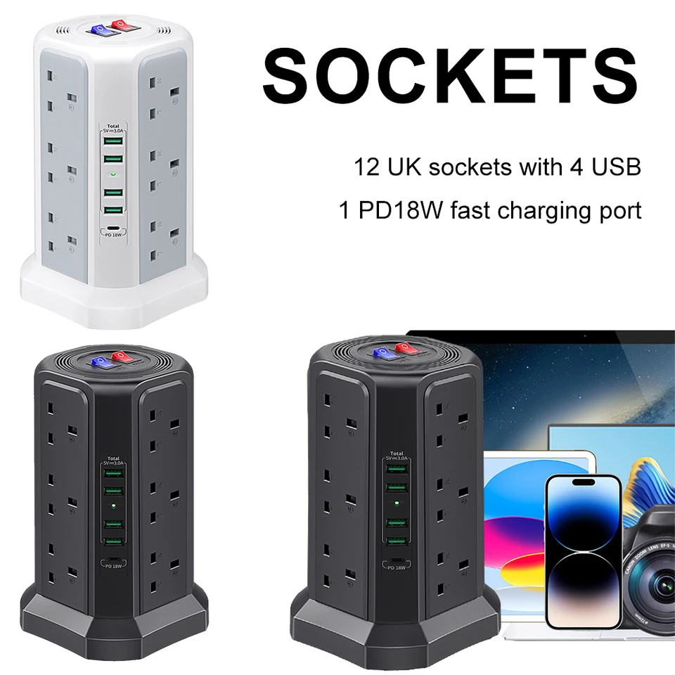 UK 1,8 m napájací prúžok s viacerými zástrčkami s prepínačom PD18W Tower Power Strip 5 USB porty a 12 -way viacúčelová predĺžená veža