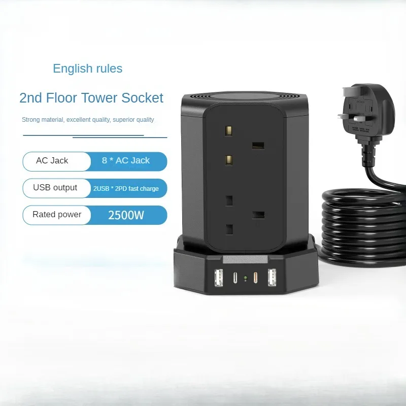 UK Multifunkčná zásuvka s USB PD20W rýchle nabíjanie Rhombus 1,8 m predlžovacia káblová doska veža dvojvrstvová 2A 2C zástrčka