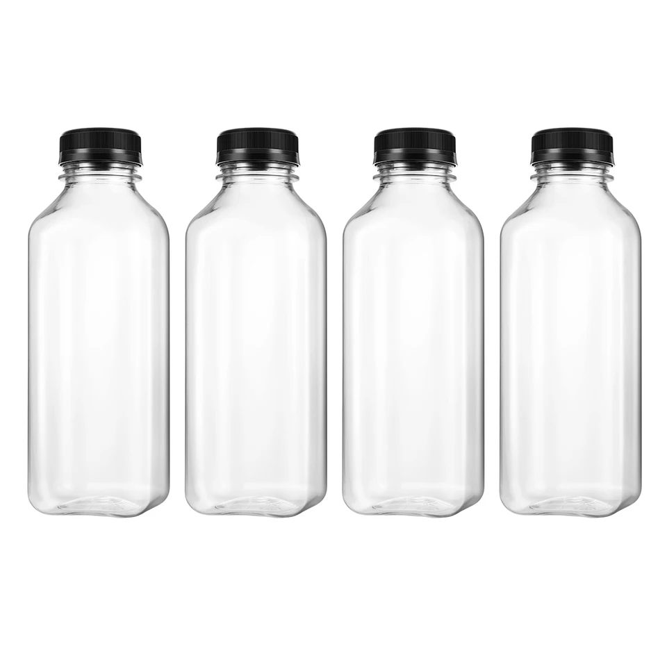 UKCOCO 4ks PET PLASTOVÉ PLASTNÉ SKLADOVÉ NÁKLADY Fľaše s viečkami na nápoj nápoj nápoj fľaškovú fľašu fľašu (čierne čiapky)