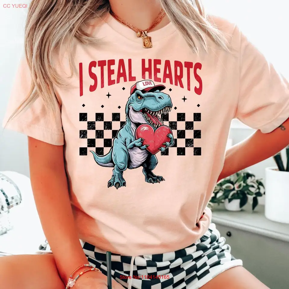 Ukradnem srdiečko tričko Dinosaurus Valentines Day Boys Valentine's Dino Natural Kids dlhé alebo krátke rukávy