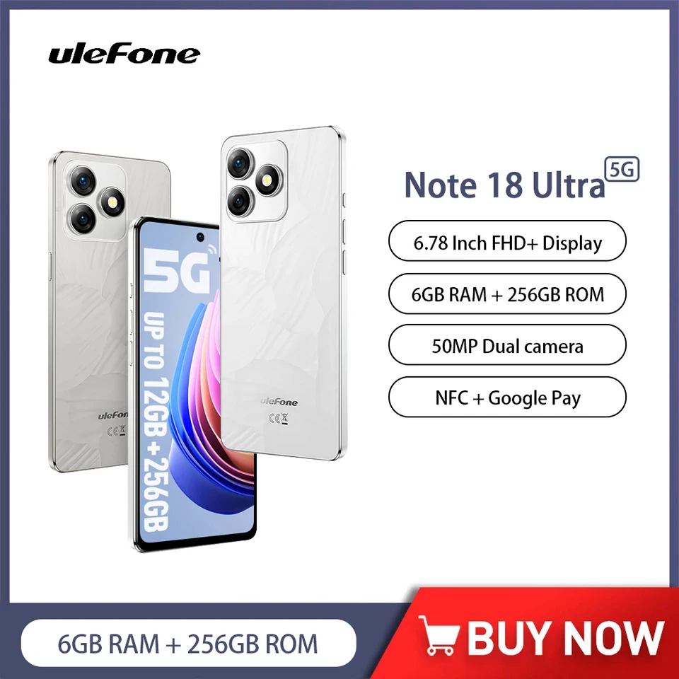 ULEFONE POZNÁMKA 18 ULTRA 5G Smartphone Android 13 12 GB RAM (6+6) 256 GB Mobilný telefón ROM 6,78 