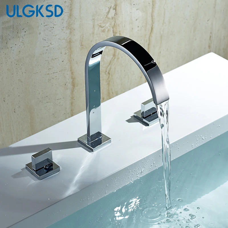 Ulgksd Basin Faucet Mosadz leštená chrómová paluba namontovaná duálna rukoväť horúca a studená voda Mixer