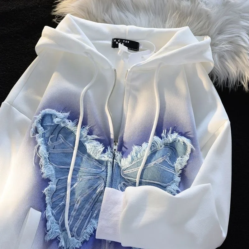 Ulica Populárny vinobranie motýľový záplat zipsové mikiny Ženy Y2K New Harajuku Príležitostné voľné mikina pár módne Joker Hoodie