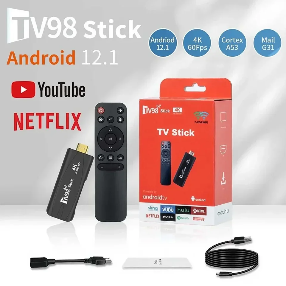 Ultra HD TV98 TV Stick Android 12.1 4K Smart Android TV Box 2.4g 5G WiFi Smart TV Box H.265 Sieťové médiá Player Set Top Box